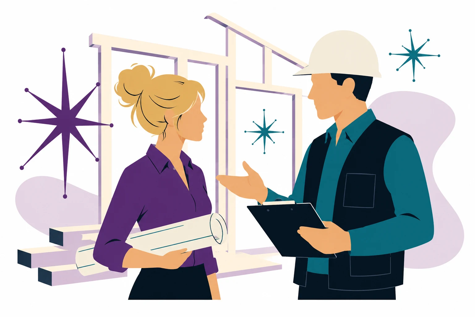 Flat mid-century illustration: a homeowner holding rolled plans talks with an inspector in a hard hat holding a clipboard, on a house frame background