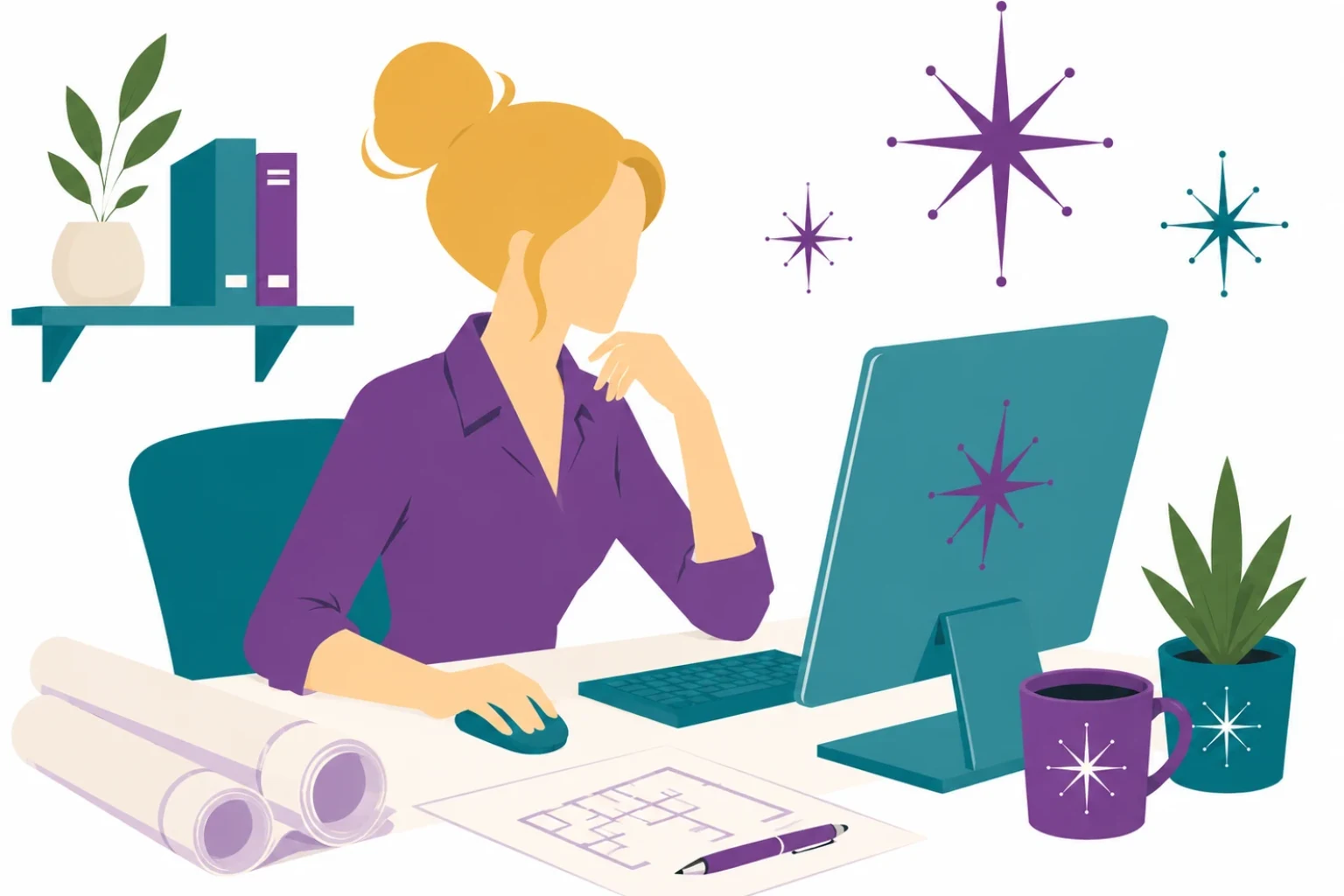 Flat mid-century illustration: a homeowner at a laptop posting project details, with rolled plans, lumber and starburst motifs in purple and teal