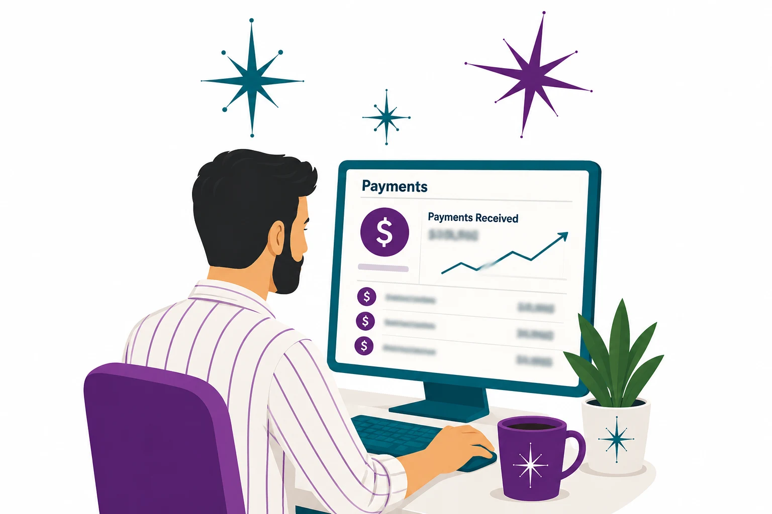 Flat mid-century illustration: a contractor at a desktop computer viewing a payments summary showing funds received