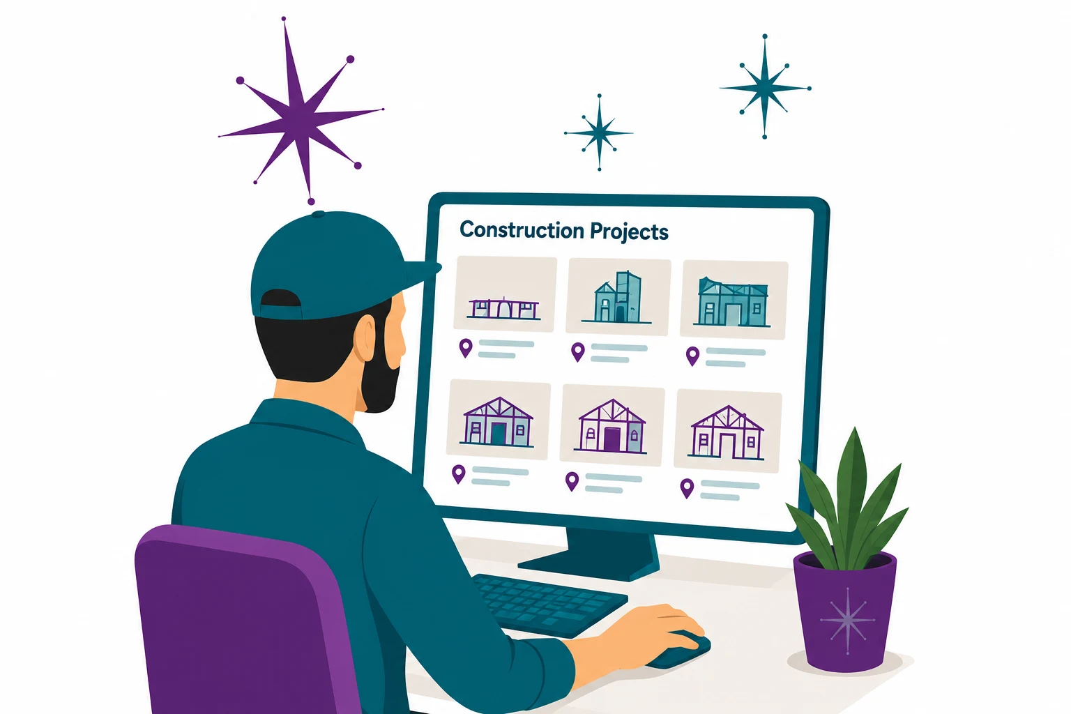 Flat mid-century illustration: a contractor at a desktop computer browsing a list of construction projects, with a hard hat and mug on the desk