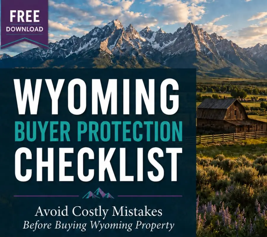 Wyoming Buyer Protection Checklist flyer with Wyoming mountains, ranch scenery, and buyer due diligence topics.